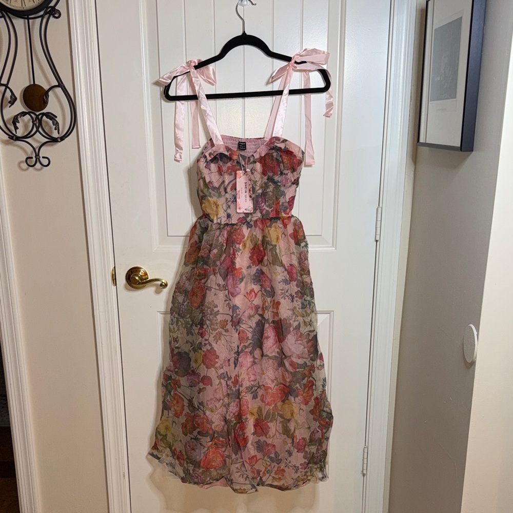 SHEIN Pink Floral Midi Dress with Ribbon Straps - Picture 2 of 5